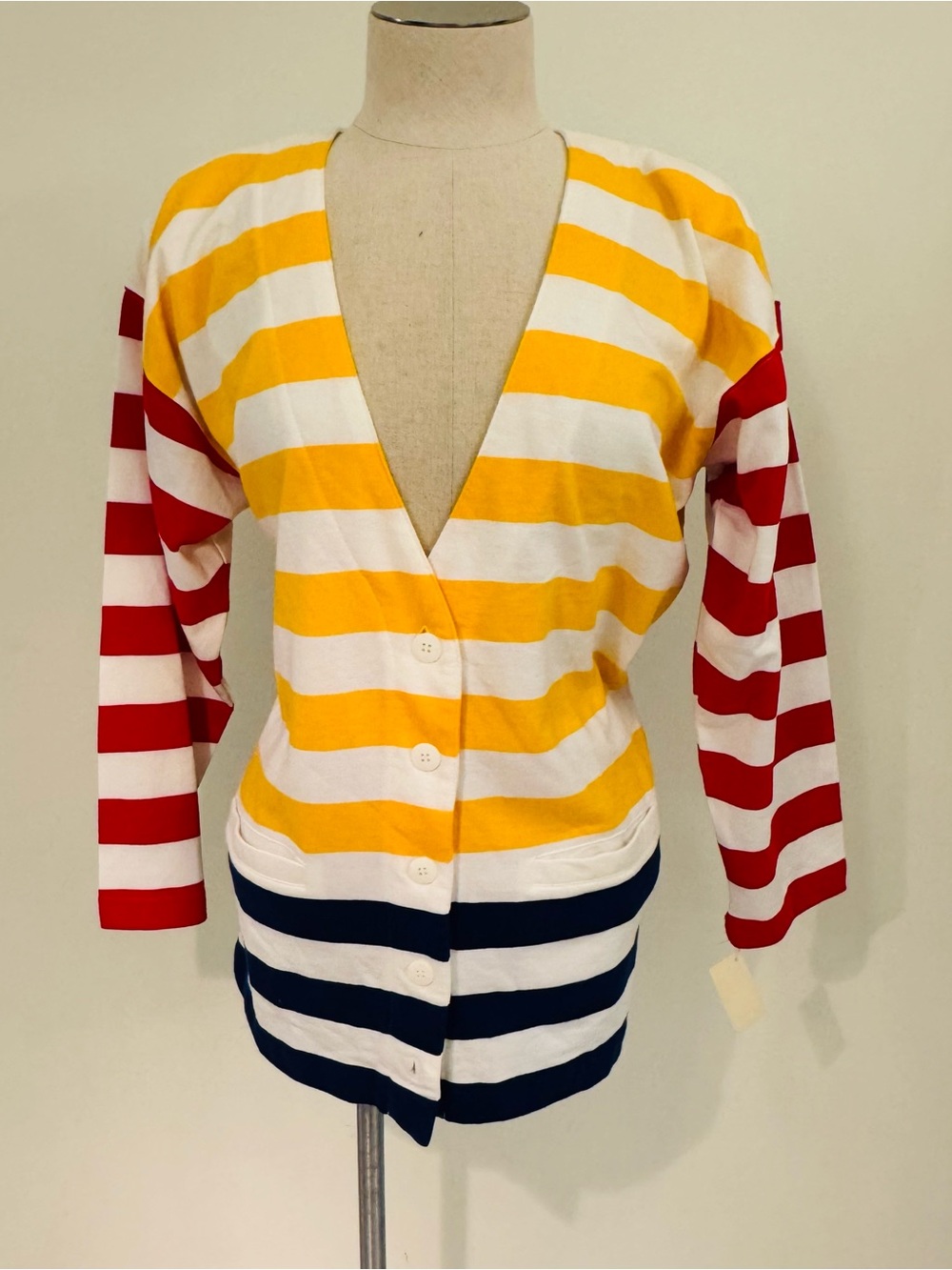 Striped V-Neck Button Cardigan - Yellow, Red, Navy & White